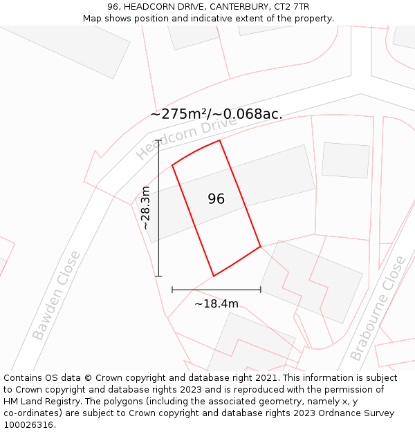 96, HEADCORN DRIVE, CANTERBURY, CT2 7TR: Plot and title map