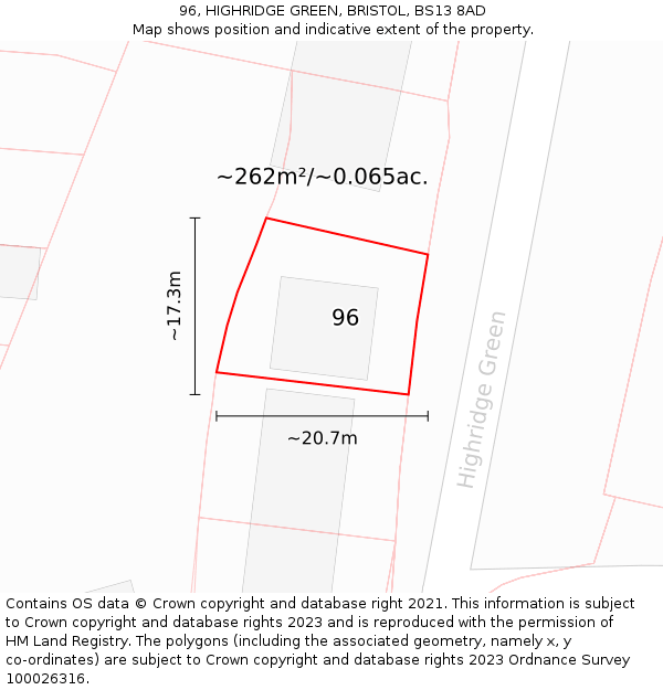 96, HIGHRIDGE GREEN, BRISTOL, BS13 8AD: Plot and title map