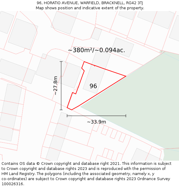 96, HORATIO AVENUE, WARFIELD, BRACKNELL, RG42 3TJ: Plot and title map