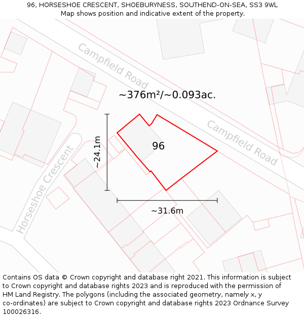 96, HORSESHOE CRESCENT, SHOEBURYNESS, SOUTHEND-ON-SEA, SS3 9WL: Plot and title map