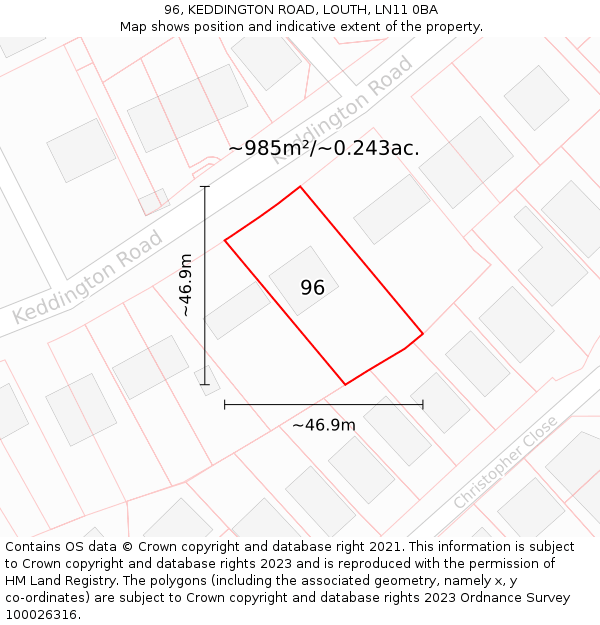 96, KEDDINGTON ROAD, LOUTH, LN11 0BA: Plot and title map