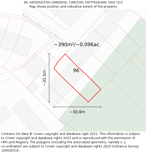 96, KENSINGTON GARDENS, CARLTON, NOTTINGHAM, NG4 1DZ: Plot and title map