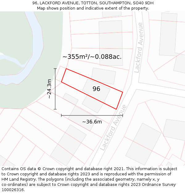 96, LACKFORD AVENUE, TOTTON, SOUTHAMPTON, SO40 9DH: Plot and title map