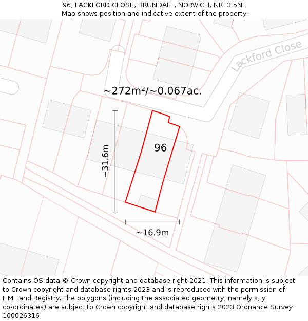 96, LACKFORD CLOSE, BRUNDALL, NORWICH, NR13 5NL: Plot and title map