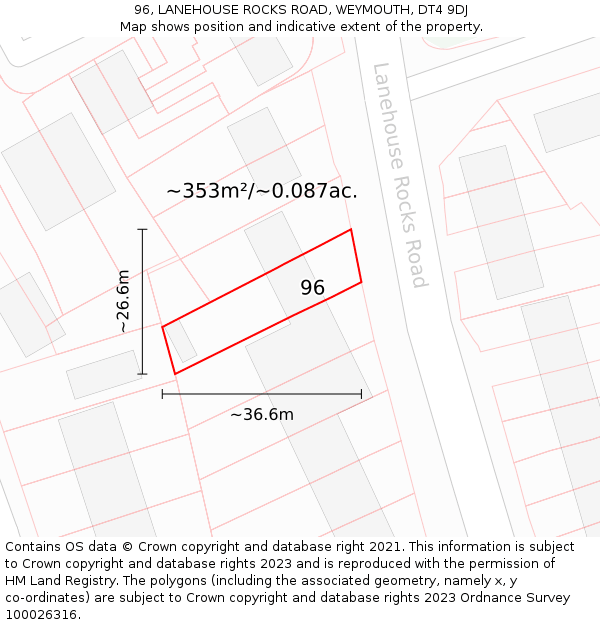 96, LANEHOUSE ROCKS ROAD, WEYMOUTH, DT4 9DJ: Plot and title map