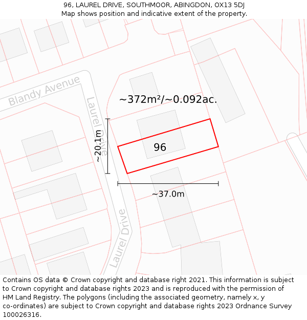 96, LAUREL DRIVE, SOUTHMOOR, ABINGDON, OX13 5DJ: Plot and title map