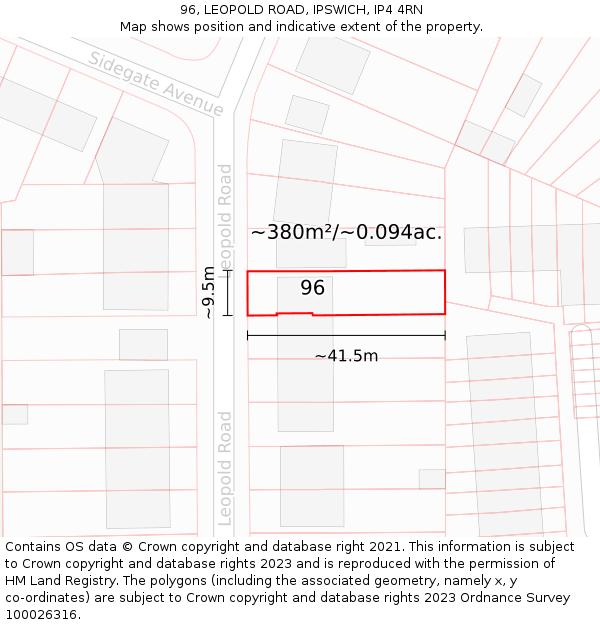 96, LEOPOLD ROAD, IPSWICH, IP4 4RN: Plot and title map