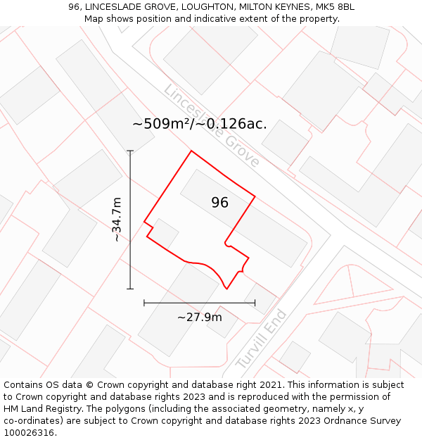 96, LINCESLADE GROVE, LOUGHTON, MILTON KEYNES, MK5 8BL: Plot and title map