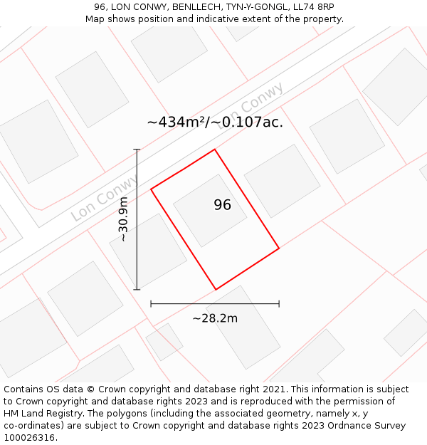 96, LON CONWY, BENLLECH, TYN-Y-GONGL, LL74 8RP: Plot and title map