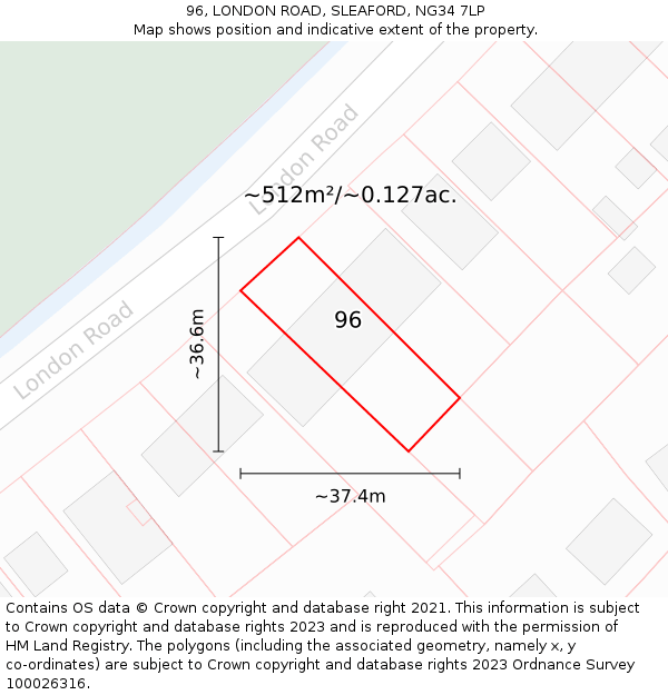 96, LONDON ROAD, SLEAFORD, NG34 7LP: Plot and title map