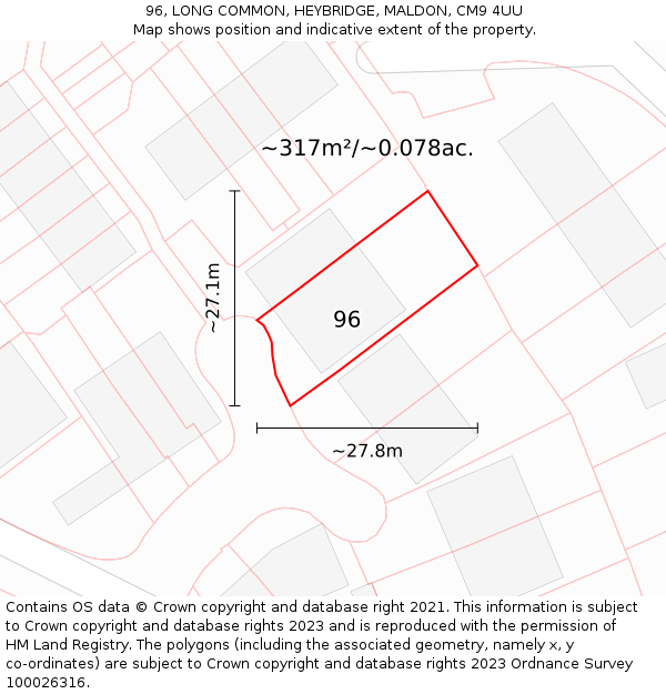 96, LONG COMMON, HEYBRIDGE, MALDON, CM9 4UU: Plot and title map
