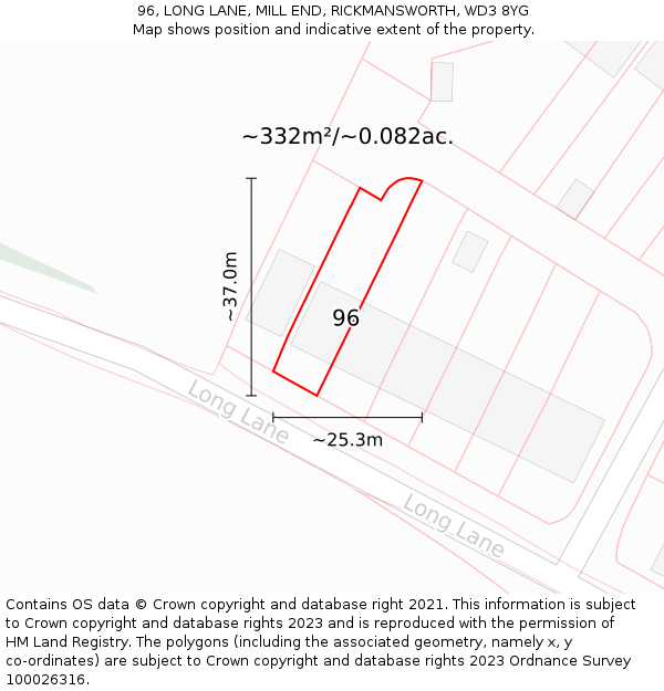 96, LONG LANE, MILL END, RICKMANSWORTH, WD3 8YG: Plot and title map