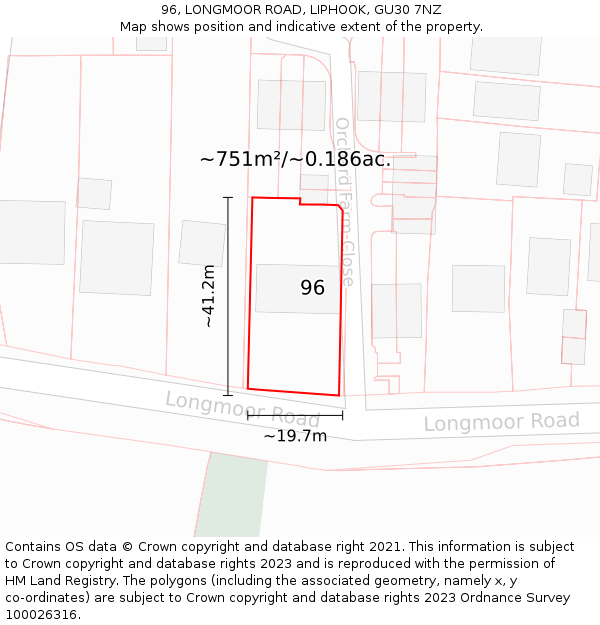 96, LONGMOOR ROAD, LIPHOOK, GU30 7NZ: Plot and title map