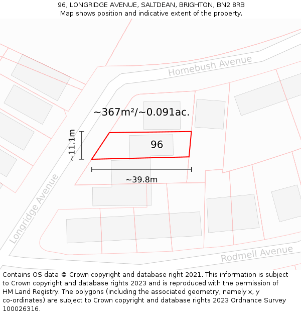 96, LONGRIDGE AVENUE, SALTDEAN, BRIGHTON, BN2 8RB: Plot and title map