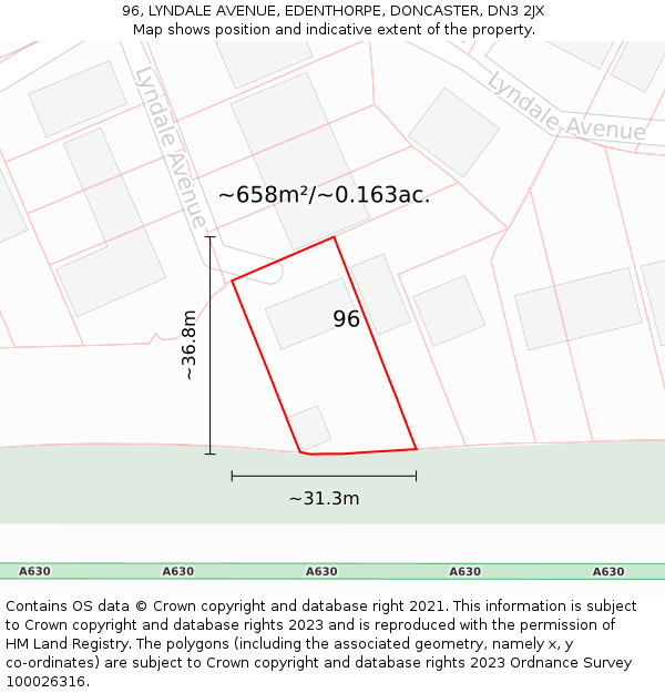 96, LYNDALE AVENUE, EDENTHORPE, DONCASTER, DN3 2JX: Plot and title map