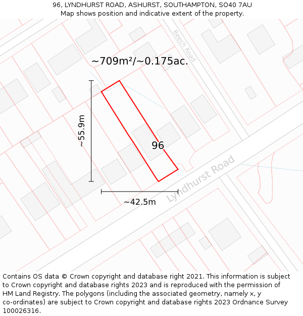 96, LYNDHURST ROAD, ASHURST, SOUTHAMPTON, SO40 7AU: Plot and title map