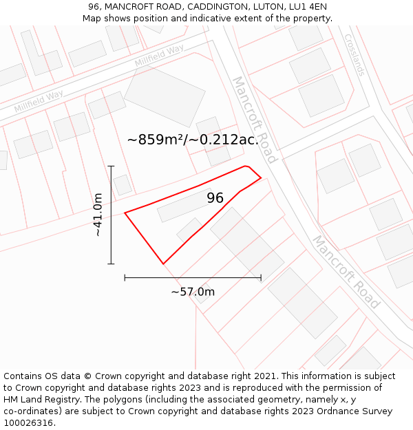 96, MANCROFT ROAD, CADDINGTON, LUTON, LU1 4EN: Plot and title map