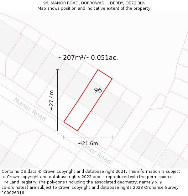 96, MANOR ROAD, BORROWASH, DERBY, DE72 3LN: Plot and title map