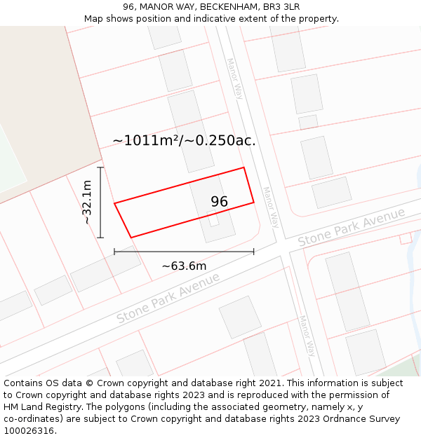 96, MANOR WAY, BECKENHAM, BR3 3LR: Plot and title map