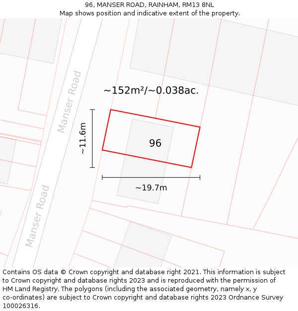 96, MANSER ROAD, RAINHAM, RM13 8NL: Plot and title map
