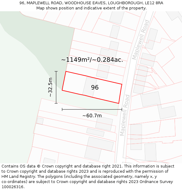 96, MAPLEWELL ROAD, WOODHOUSE EAVES, LOUGHBOROUGH, LE12 8RA: Plot and title map