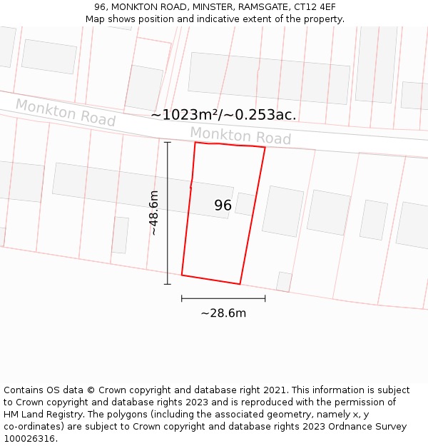 96, MONKTON ROAD, MINSTER, RAMSGATE, CT12 4EF: Plot and title map