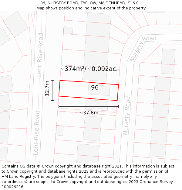 96, NURSERY ROAD, TAPLOW, MAIDENHEAD, SL6 0JU: Plot and title map