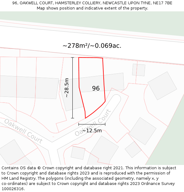 96, OAKWELL COURT, HAMSTERLEY COLLIERY, NEWCASTLE UPON TYNE, NE17 7BE: Plot and title map