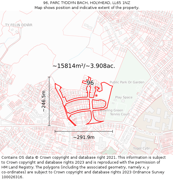 96, PARC TYDDYN BACH, HOLYHEAD, LL65 1NZ: Plot and title map