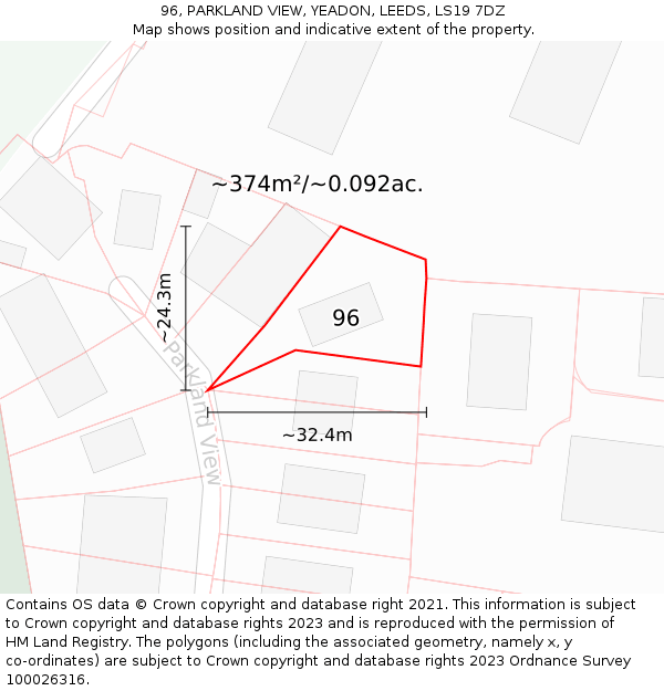 96, PARKLAND VIEW, YEADON, LEEDS, LS19 7DZ: Plot and title map