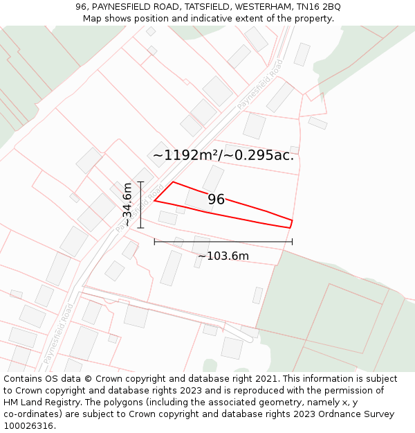 96, PAYNESFIELD ROAD, TATSFIELD, WESTERHAM, TN16 2BQ: Plot and title map