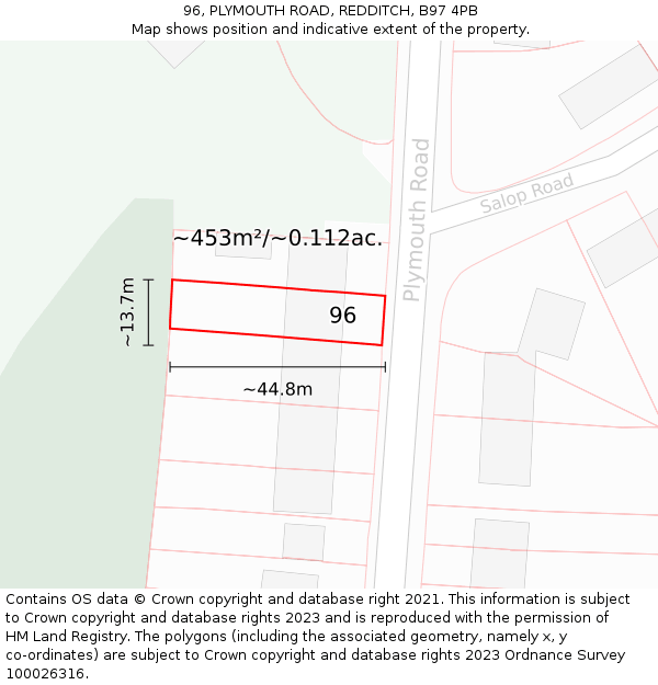 96, PLYMOUTH ROAD, REDDITCH, B97 4PB: Plot and title map