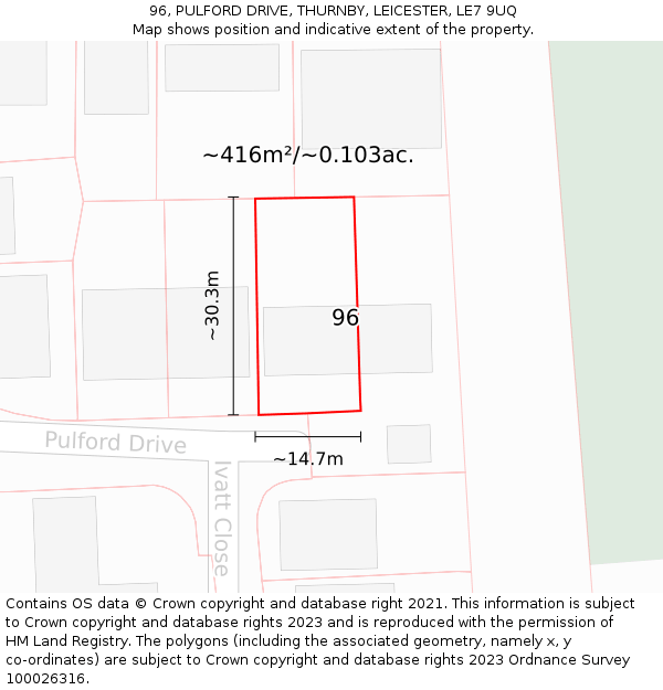 96, PULFORD DRIVE, THURNBY, LEICESTER, LE7 9UQ: Plot and title map