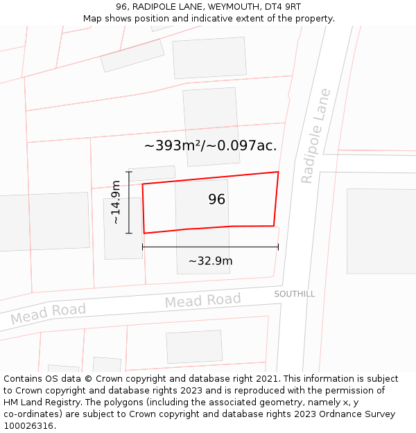 96, RADIPOLE LANE, WEYMOUTH, DT4 9RT: Plot and title map