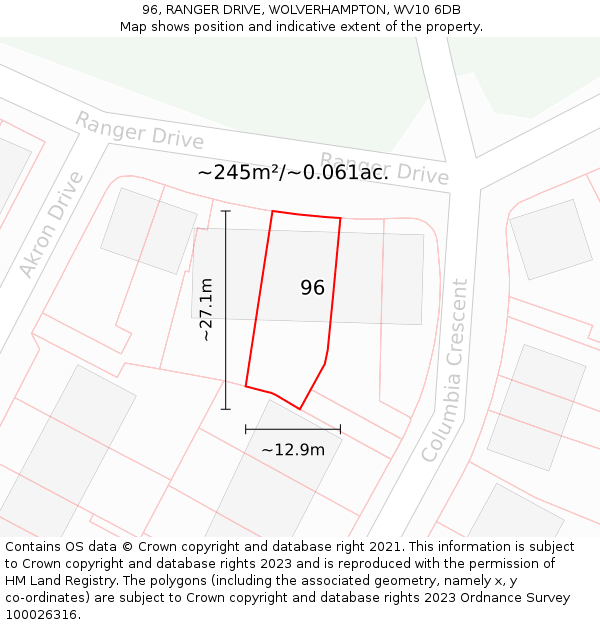 96, RANGER DRIVE, WOLVERHAMPTON, WV10 6DB: Plot and title map