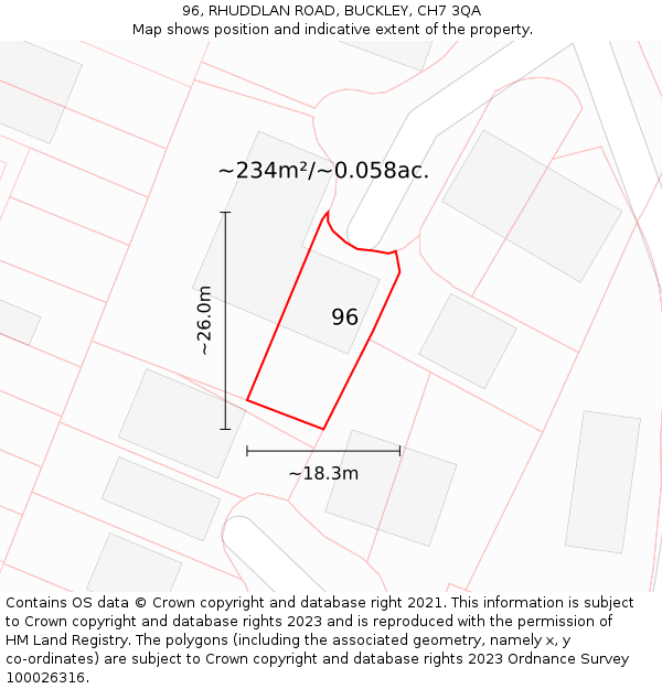 96, RHUDDLAN ROAD, BUCKLEY, CH7 3QA: Plot and title map