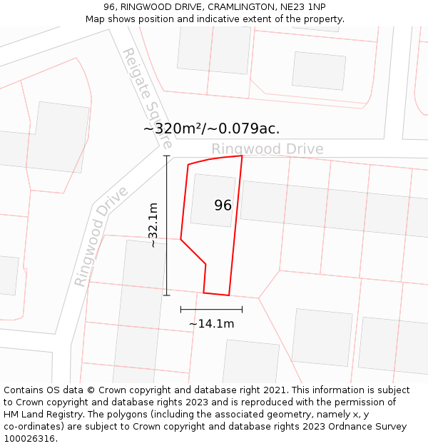 96, RINGWOOD DRIVE, CRAMLINGTON, NE23 1NP: Plot and title map