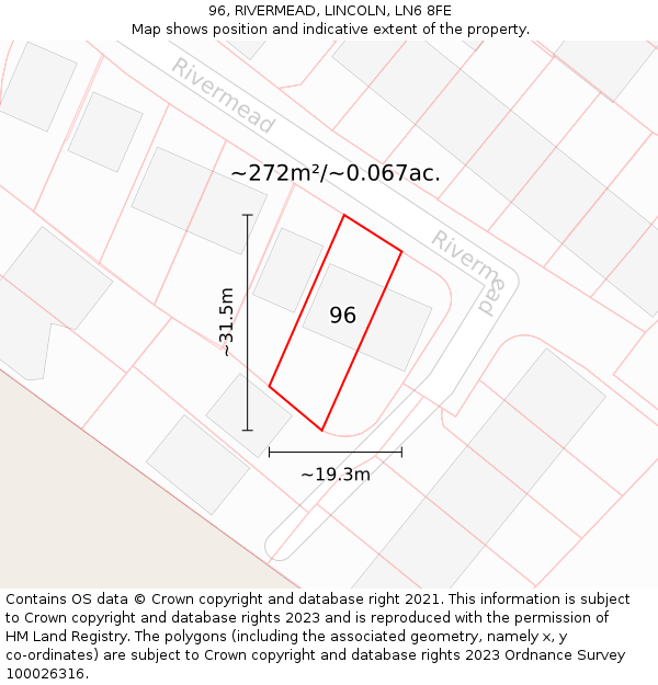 96, RIVERMEAD, LINCOLN, LN6 8FE: Plot and title map