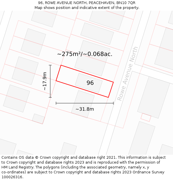 96, ROWE AVENUE NORTH, PEACEHAVEN, BN10 7QR: Plot and title map