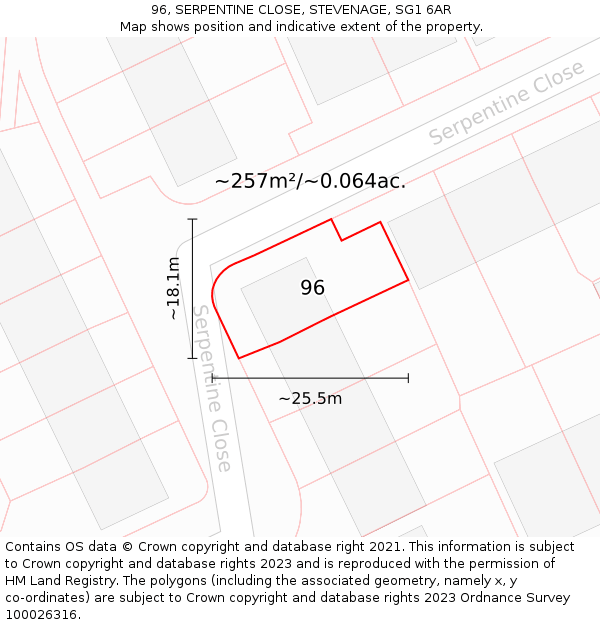 96, SERPENTINE CLOSE, STEVENAGE, SG1 6AR: Plot and title map