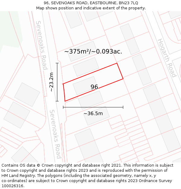 96, SEVENOAKS ROAD, EASTBOURNE, BN23 7LQ: Plot and title map