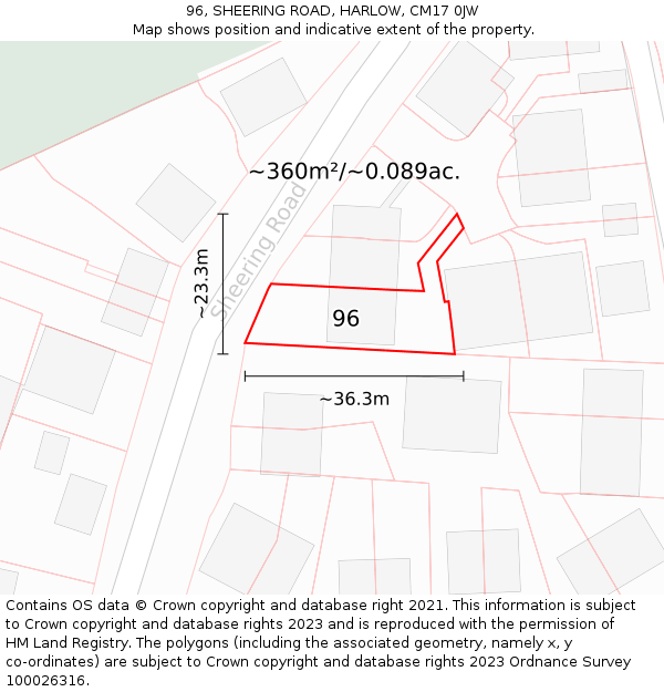 96, SHEERING ROAD, HARLOW, CM17 0JW: Plot and title map