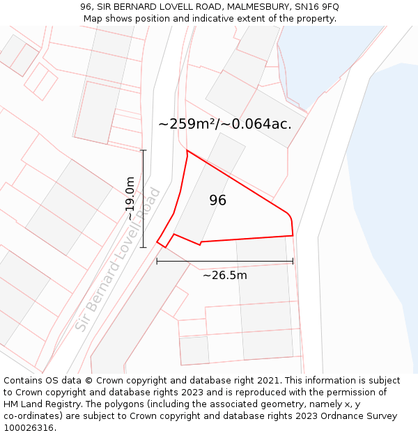 96, SIR BERNARD LOVELL ROAD, MALMESBURY, SN16 9FQ: Plot and title map