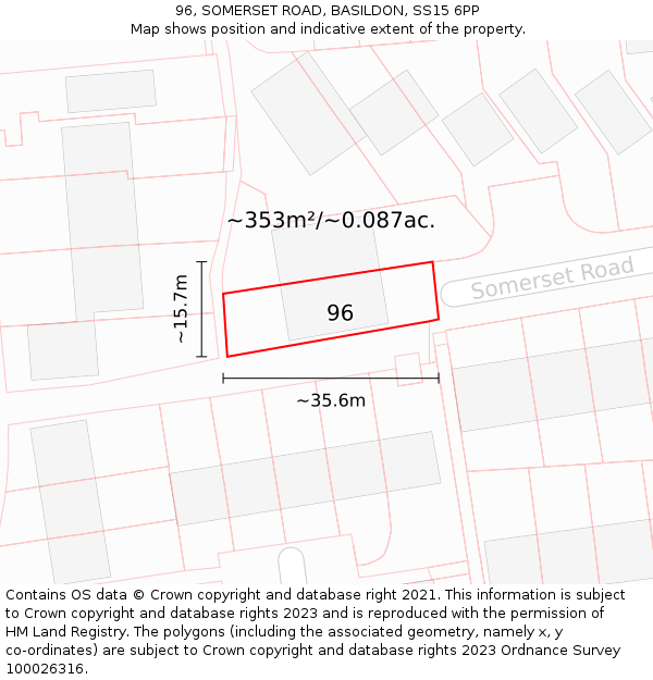 96, SOMERSET ROAD, BASILDON, SS15 6PP: Plot and title map