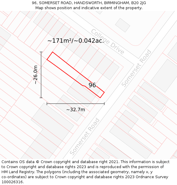 96, SOMERSET ROAD, HANDSWORTH, BIRMINGHAM, B20 2JG: Plot and title map