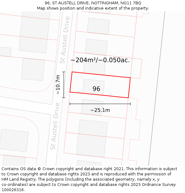 96, ST AUSTELL DRIVE, NOTTINGHAM, NG11 7BQ: Plot and title map