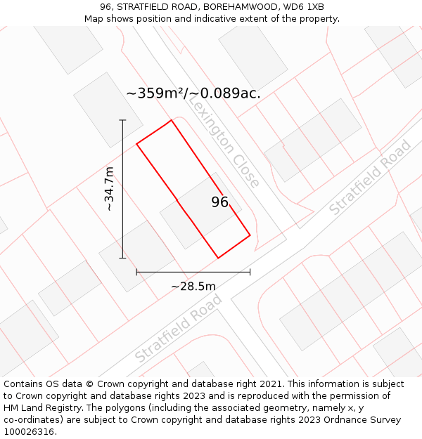 96, STRATFIELD ROAD, BOREHAMWOOD, WD6 1XB: Plot and title map