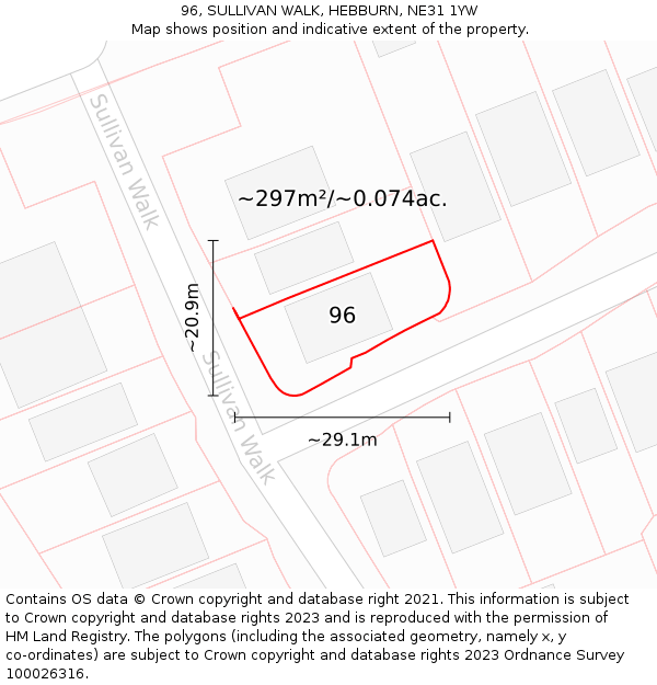 96, SULLIVAN WALK, HEBBURN, NE31 1YW: Plot and title map