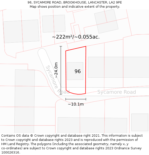 96, SYCAMORE ROAD, BROOKHOUSE, LANCASTER, LA2 9PE: Plot and title map