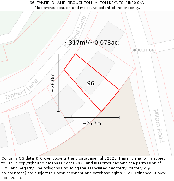 96, TANFIELD LANE, BROUGHTON, MILTON KEYNES, MK10 9NY: Plot and title map